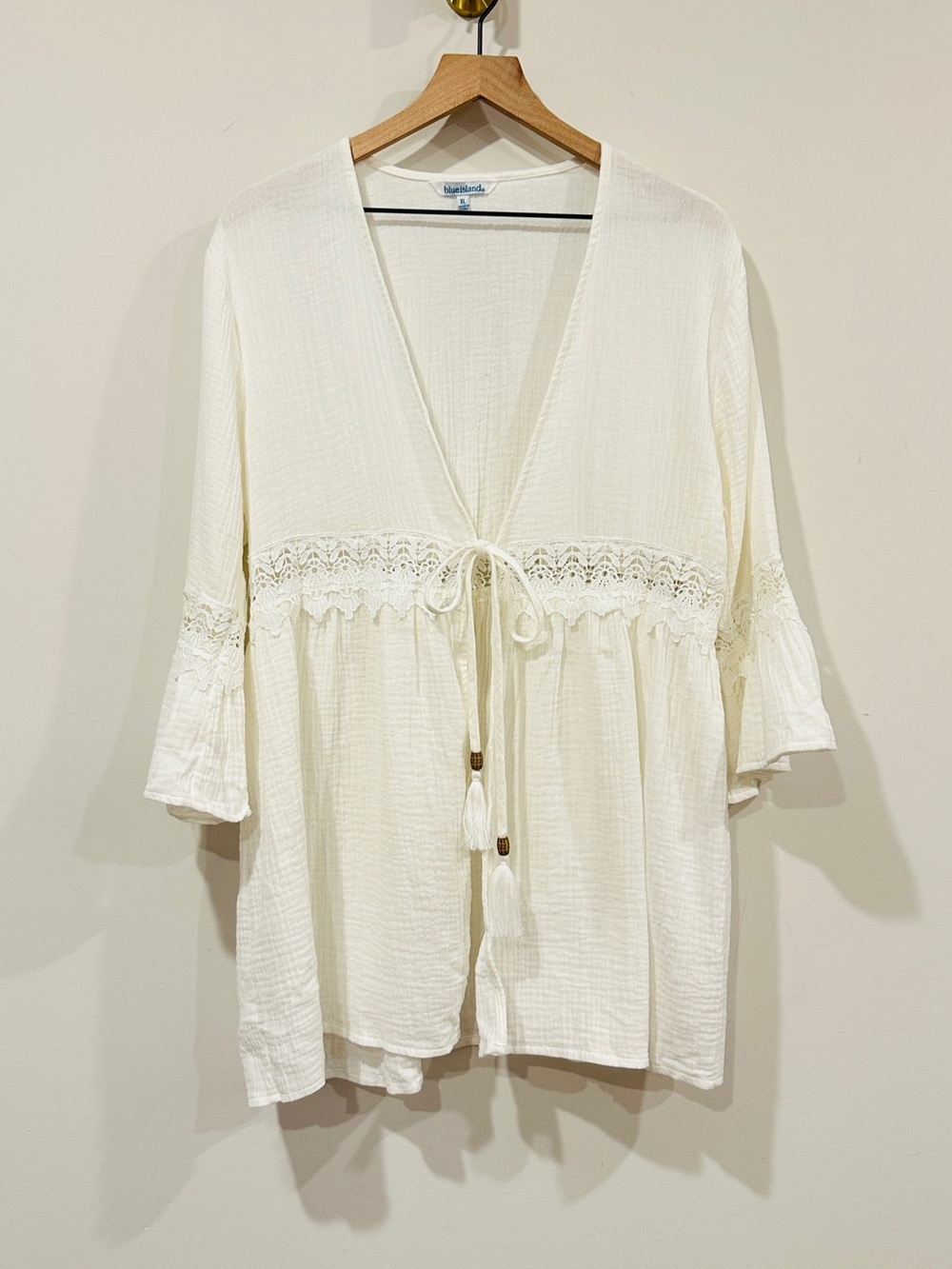 Blue Island White Cotton Gauze Lace Boho Kimono Cardigan Cover-Up XL - Picture 2 of 8
